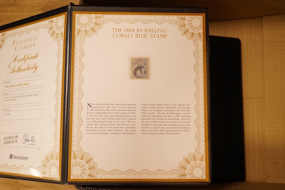 A large collection of stamps in Westminster Collection cases with certificates to include 1856 Queen Victoria 6d Lilac, 1884 10 Shilling ‘Cobalt Blue’ stamp, 1884 Victorian High Value Definitives (2s 6d, 5s, 10s), 1872-7